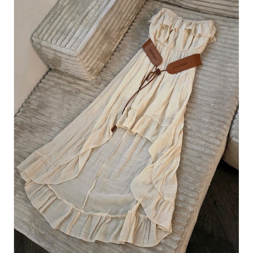 Annabelle ivory Cotton Ruffle Maxi Skirt Boho Smocked Tiered Hi-Low Size M